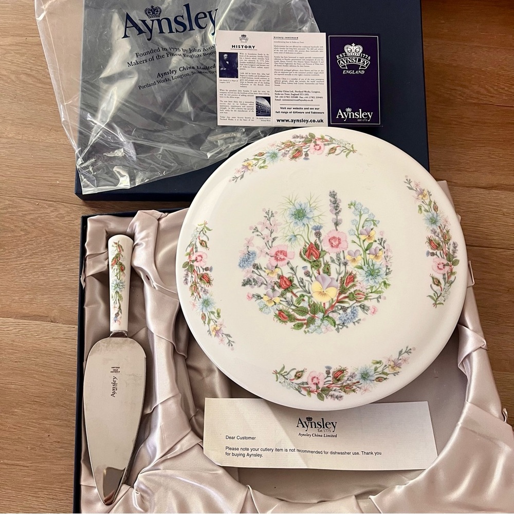 NIB Aynsley WILD TUDOR Fine Bone China Gateau‎ Cake Plate & Server Knife 10.5”